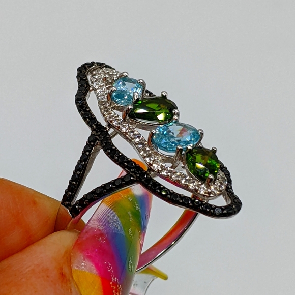 Blue Zircon, Black Spinel Multi-Gemstone Sterling Silver Ring - Picture 10 of 12